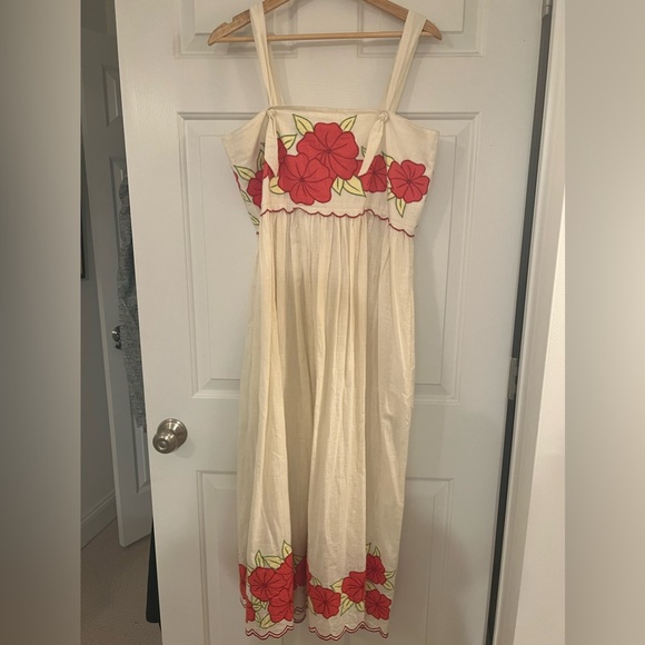The Great. Applique Floral Horizon Sleeveless Midi Dress Cream Red - Picture 5 of 6
